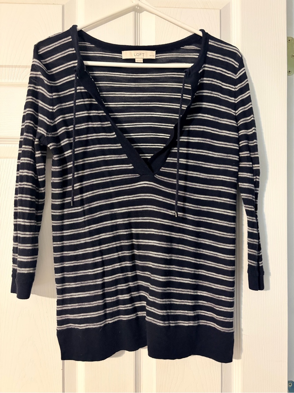LOFT Navy & White Striped V-Neck Sweater with Drawstring